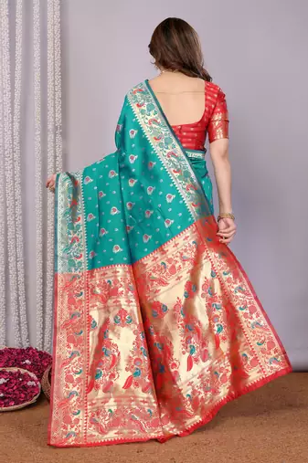 turquoise silk blend banarasi saree with blouse 