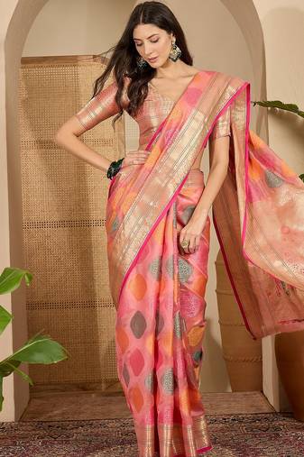 Women's peach organza zari woven saree with unstitched blouse piece