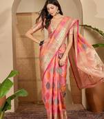 Women's peach organza zari woven saree with unstitched blouse piece