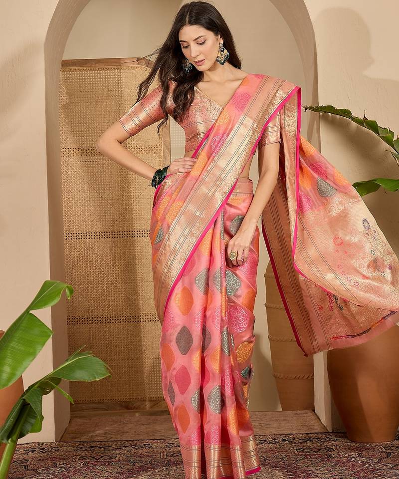 Women's peach organza zari woven saree with unstitched blouse piece