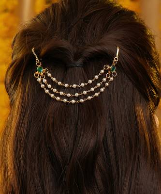 Gold plated kundan green stones hair clip 1
