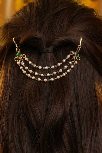 Gold plated kundan green stones hair clip