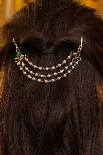 Gold plated kundan green stones hair clip