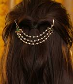 Gold plated kundan green stones hair clip