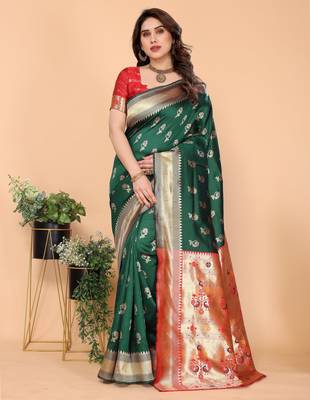 green silk blend banarasi saree with blouse  1