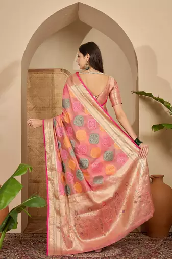 Women's peach organza zari woven saree with unstitched blouse piece