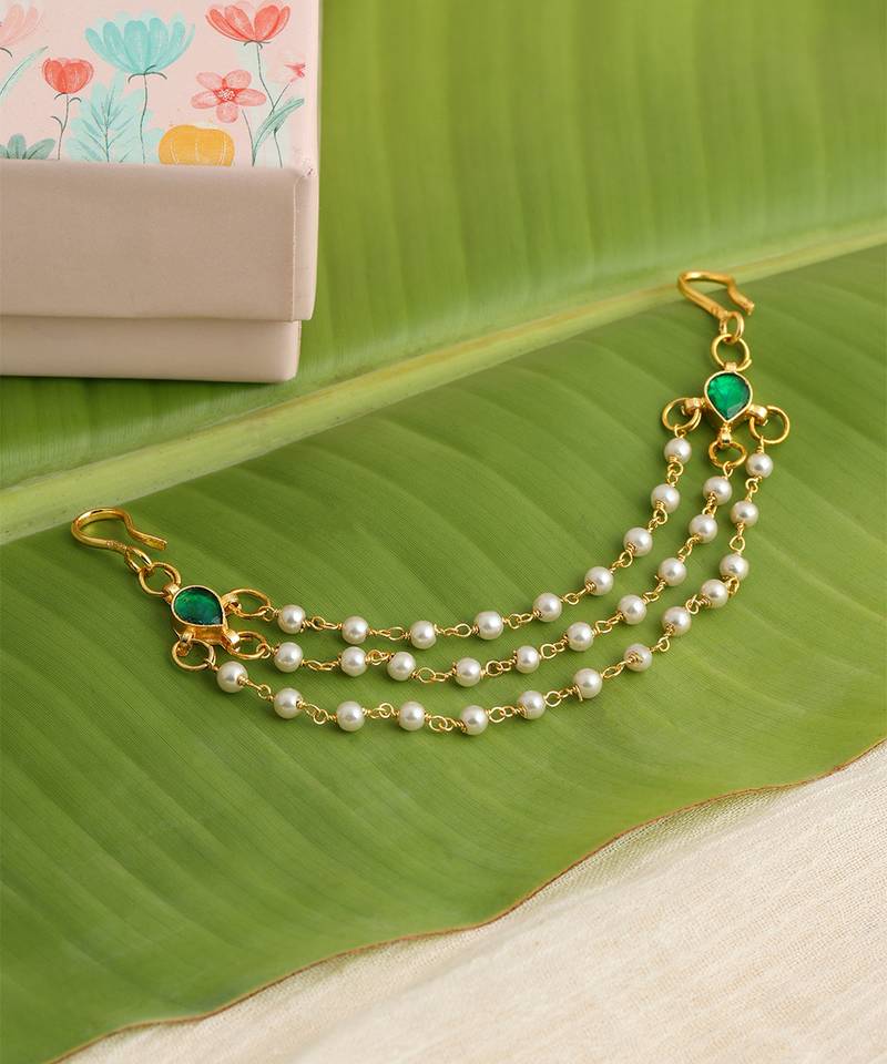 Gold plated kundan green stones hair clip