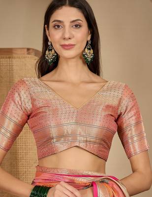 Women's peach organza zari woven saree with unstitched blouse piece 4