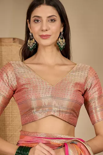Women's peach organza zari woven saree with unstitched blouse piece