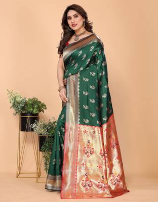 green silk blend banarasi saree with blouse  2