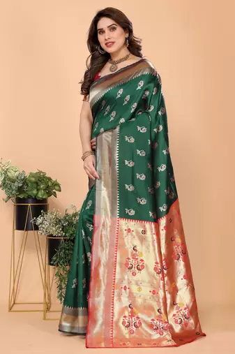 green silk blend banarasi saree with blouse 