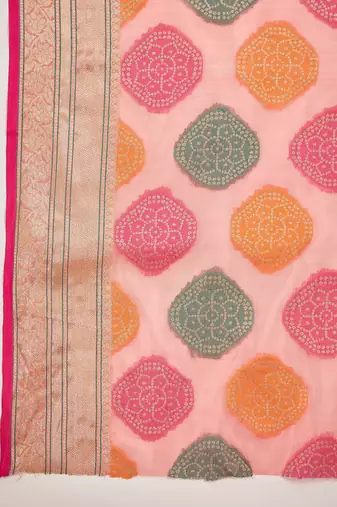 Women's peach organza zari woven saree with unstitched blouse piece