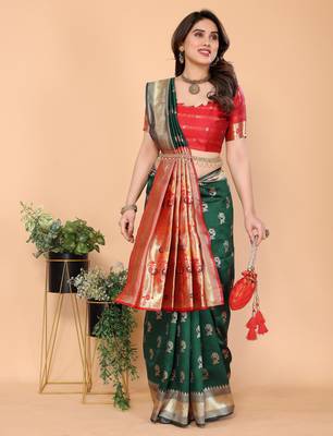 green silk blend banarasi saree with blouse  3