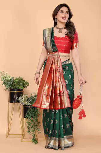 green silk blend banarasi saree with blouse 