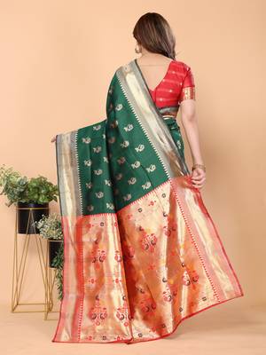 green silk blend banarasi saree with blouse  4