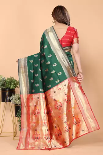 green silk blend banarasi saree with blouse 