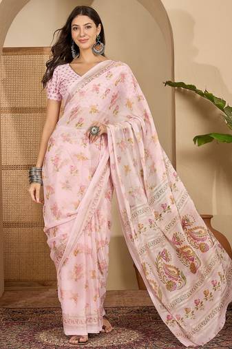 Women's pink chiffon foil print saree with unstitched blouse piece
