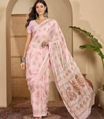 Women's pink chiffon foil print saree with unstitched blouse piece