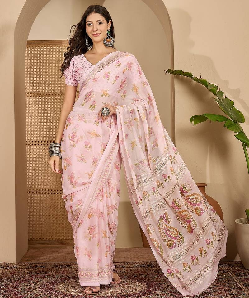Women's pink chiffon foil print saree with unstitched blouse piece