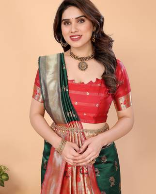 green silk blend banarasi saree with blouse  5