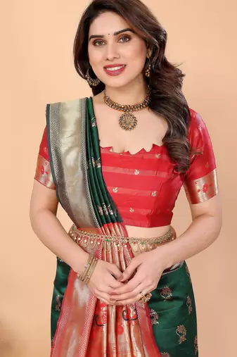 green silk blend banarasi saree with blouse 