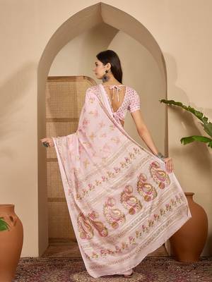 Women's pink chiffon foil print saree with unstitched blouse piece 4