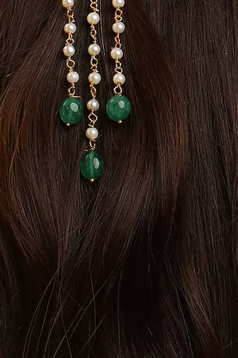 Gold plated kundan green stones hair clip
