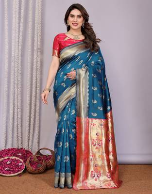 turquoise silk blend banarasi saree with blouse  1