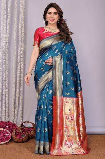 turquoise soft art silk banarasi saree with blouse 