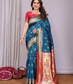 turquoise soft art silk banarasi saree with blouse 