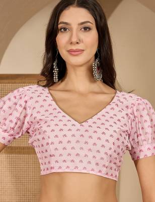 Women's pink chiffon foil print saree with unstitched blouse piece 5