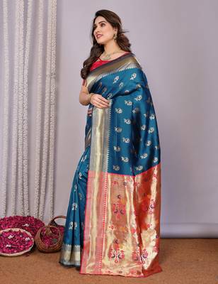 turquoise silk blend banarasi saree with blouse  2