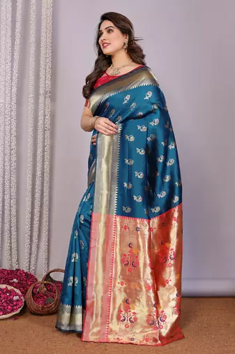 turquoise silk blend banarasi saree with blouse 