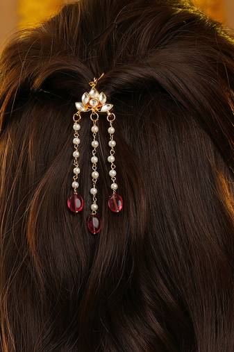 Gold plated kundan red stones hair clip