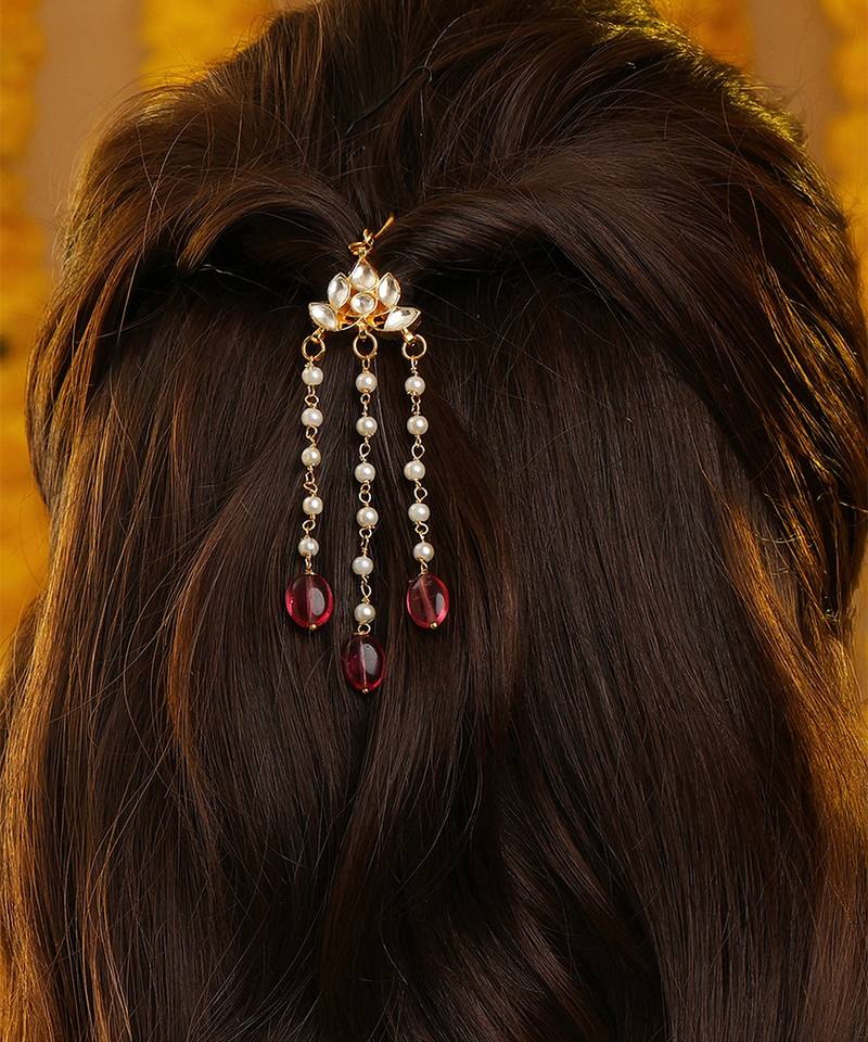 Gold plated kundan red stones hair clip