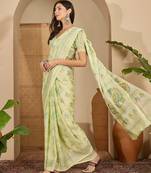 Women's pista chiffon foil print saree with unstitched blouse piece