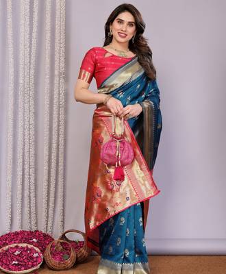 turquoise silk blend banarasi saree with blouse  3