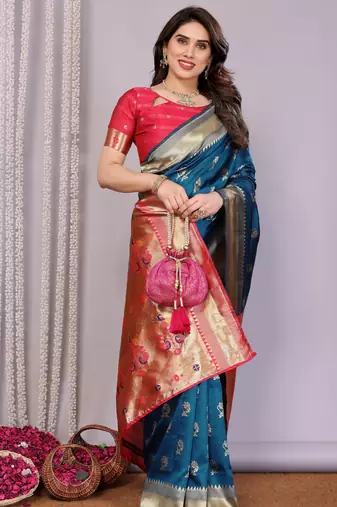 turquoise silk blend banarasi saree with blouse 