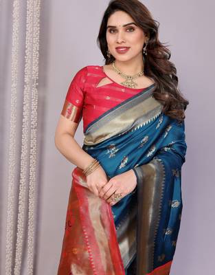 turquoise silk blend banarasi saree with blouse  4