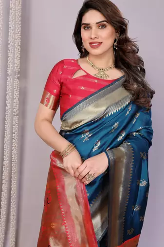 turquoise silk blend banarasi saree with blouse 