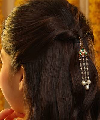 Gold plated kundan green stones hair clip 1