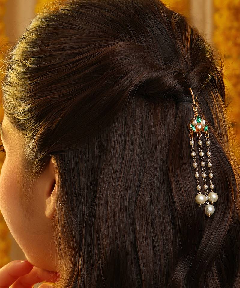 Gold plated kundan green stones hair clip