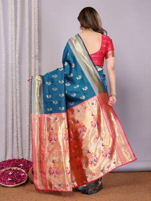 turquoise silk blend banarasi saree with blouse  5