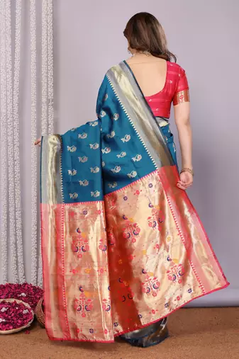 turquoise silk blend banarasi saree with blouse 