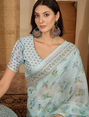 Women's sky blue chiffon foil print saree with unstitched blouse piece 2