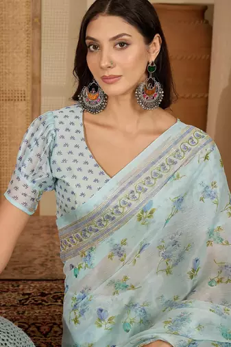 Women's sky blue chiffon foil print saree with unstitched blouse piece