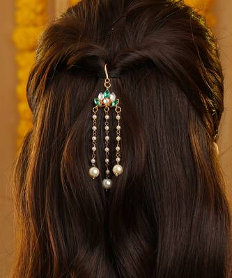 Gold plated kundan green stones hair clip 2