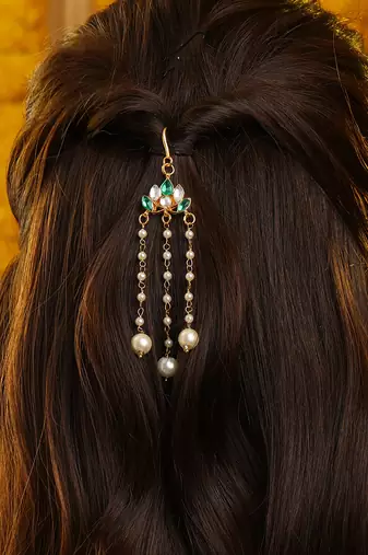 Gold plated kundan green stones hair clip