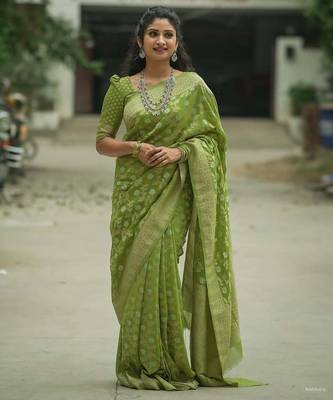 green silk blend banarasi saree with blouse  1