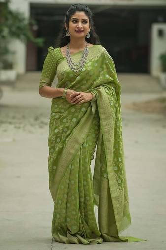 green soft art silk banarasi saree with blouse 